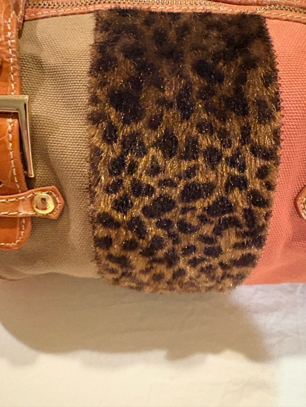Maxx New York Cognac, Tan and Leopard Patchwork Barrel Bag - Picture 3 of 5